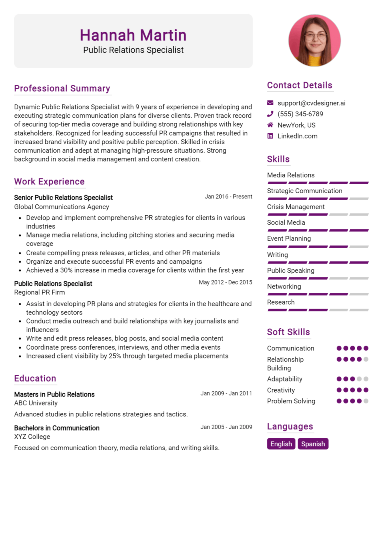 Public Relations Specialist Resume Example for 2025: Writing Guide