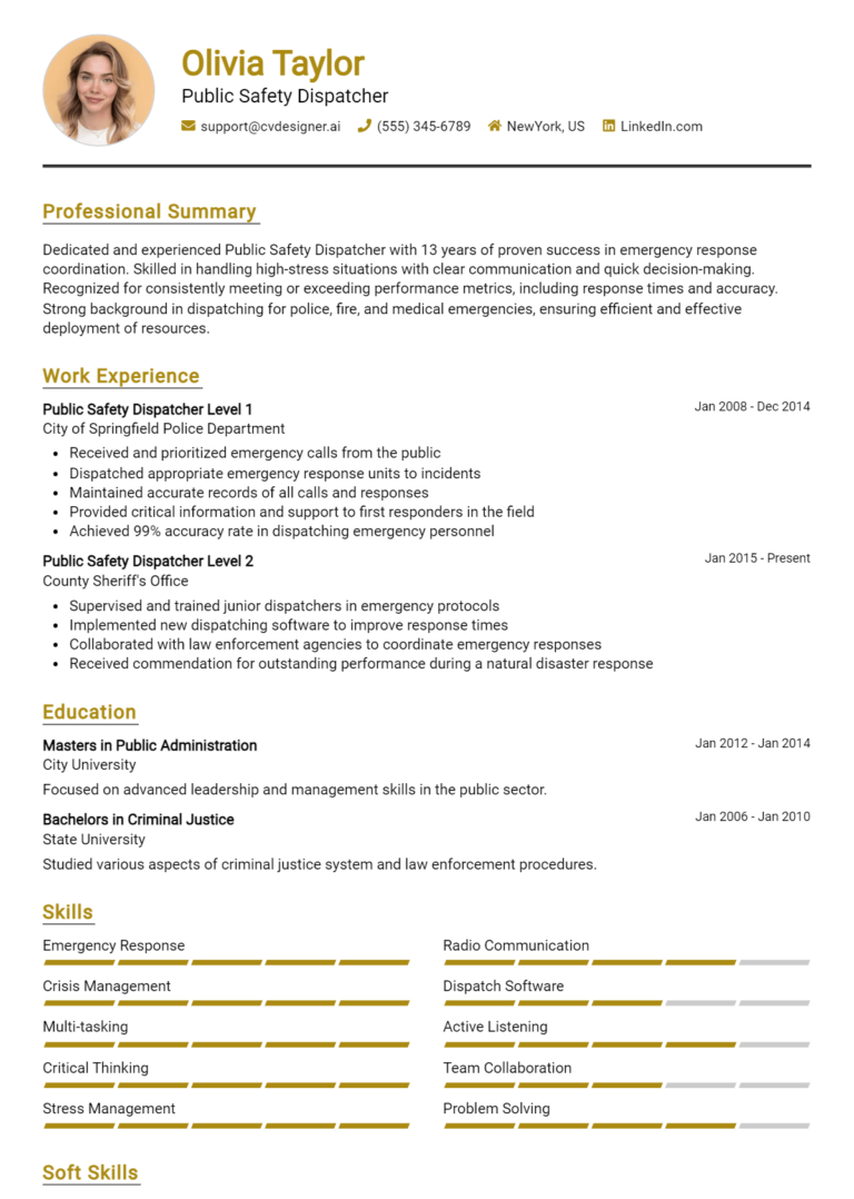 Public Safety Dispatcher Resume Example for 2025: Ultimate Guide