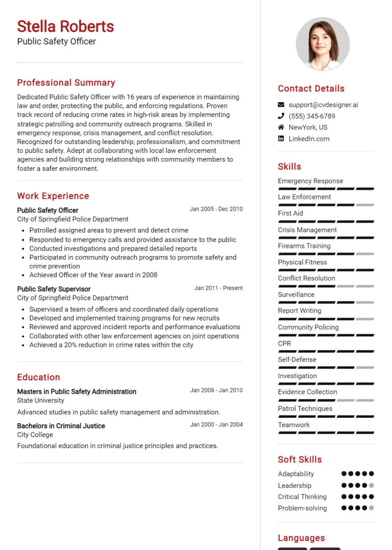 Public Safety Officer Resume Example for 2025: Resume Guide