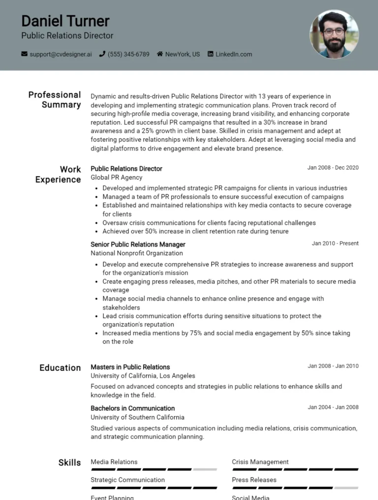 Public Relations Director CV Example For 2025: Tips & Templates