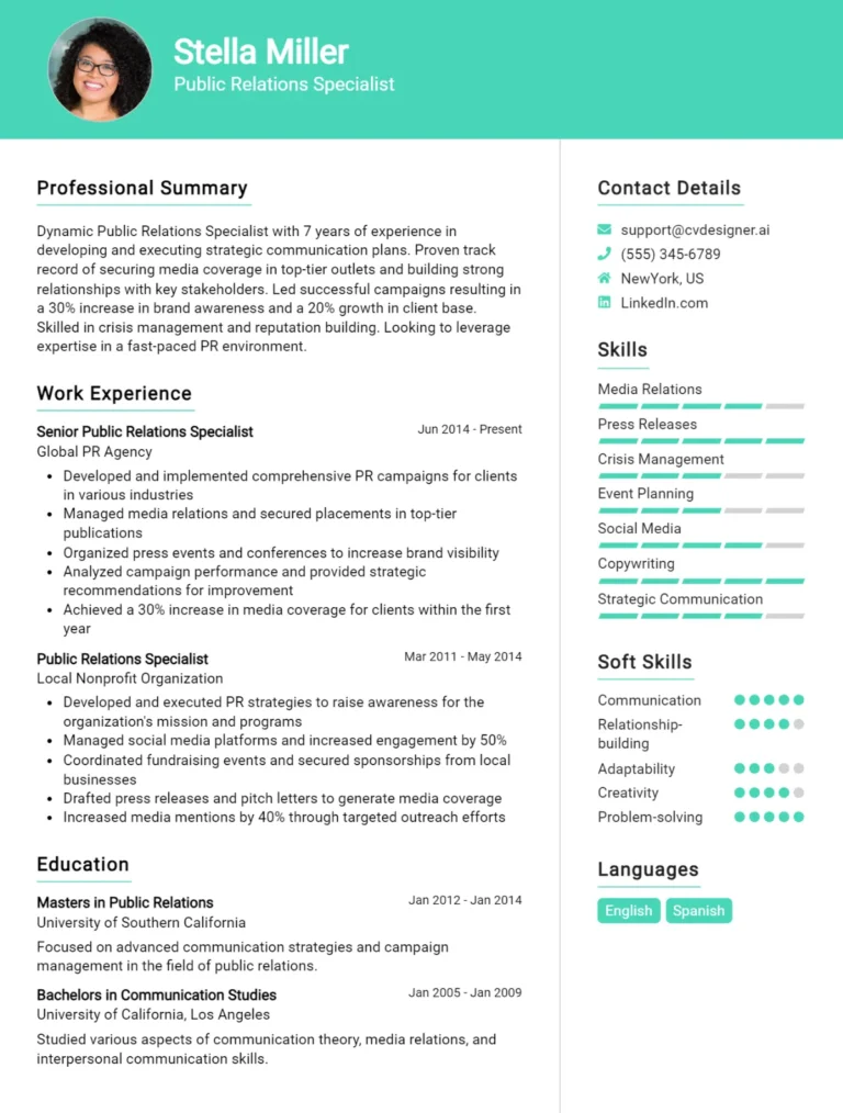 Public Relations Specialist CV Example For 2025: How to Craft a Winning CV