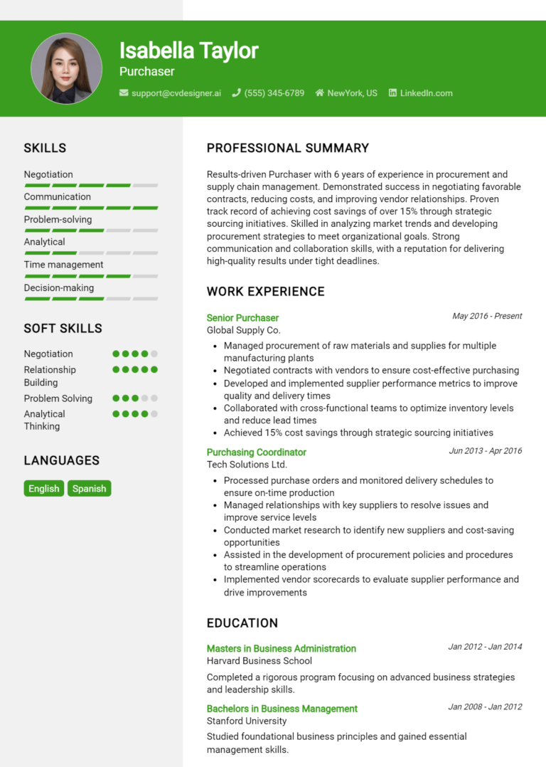 Purchaser Resume Example for 2025: Top CV Skills