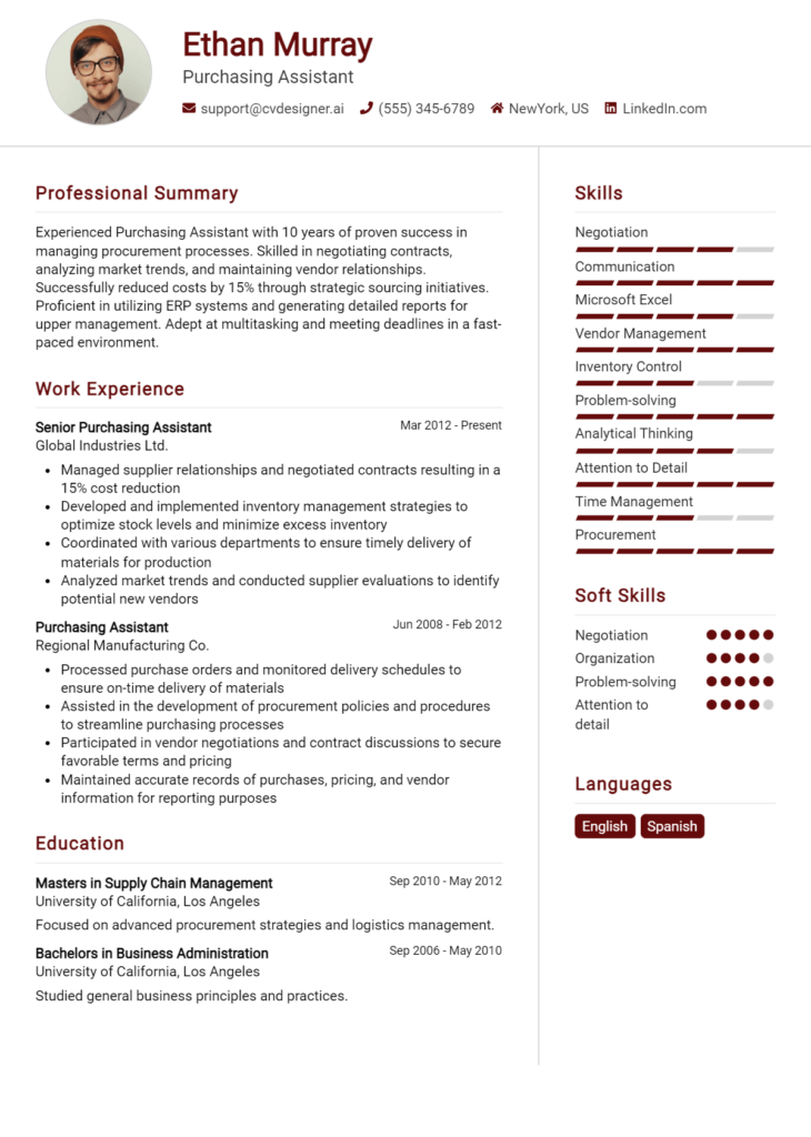 Purchasing Assistant Resume Example for 2024: Top CV Skills - CVDesigner.ai