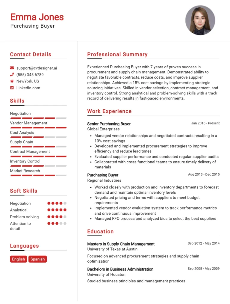 Purchasing Buyer CV Example For 2025: Top CV Skills