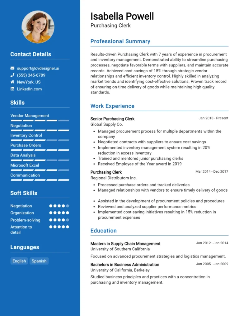 Purchasing Clerk CV Example For 2025: Best Tips & Templates