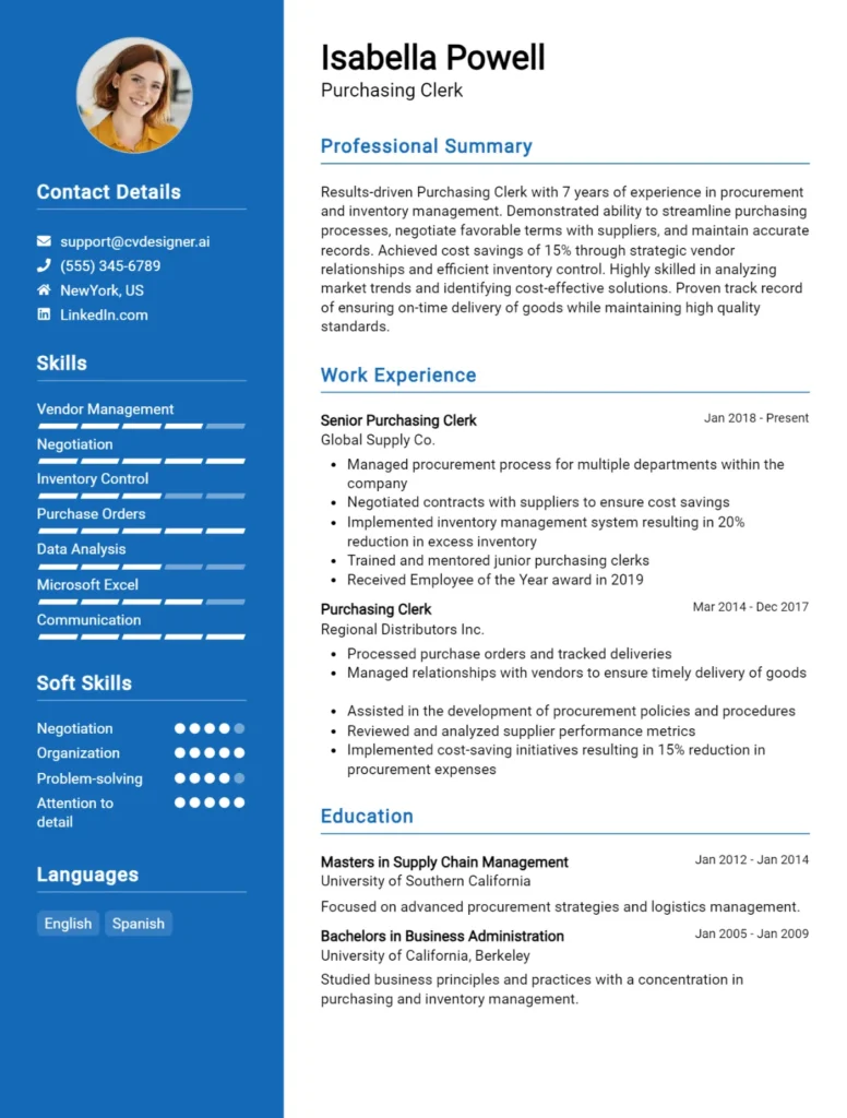 Purchasing Clerk CV Example