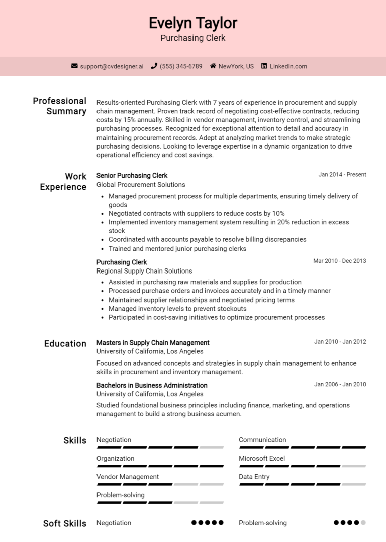 Purchasing Clerk Resume Example for 2025: Top CV Skills