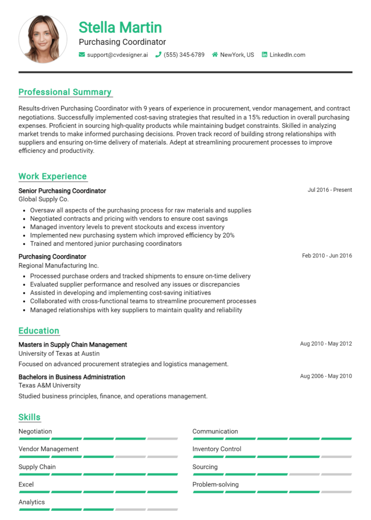 Purchasing Coordinator Resume Example