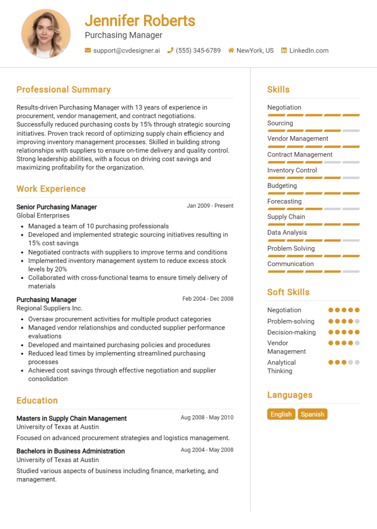 Purchasing Manager Resume Example for 2025: Downloadable Templates