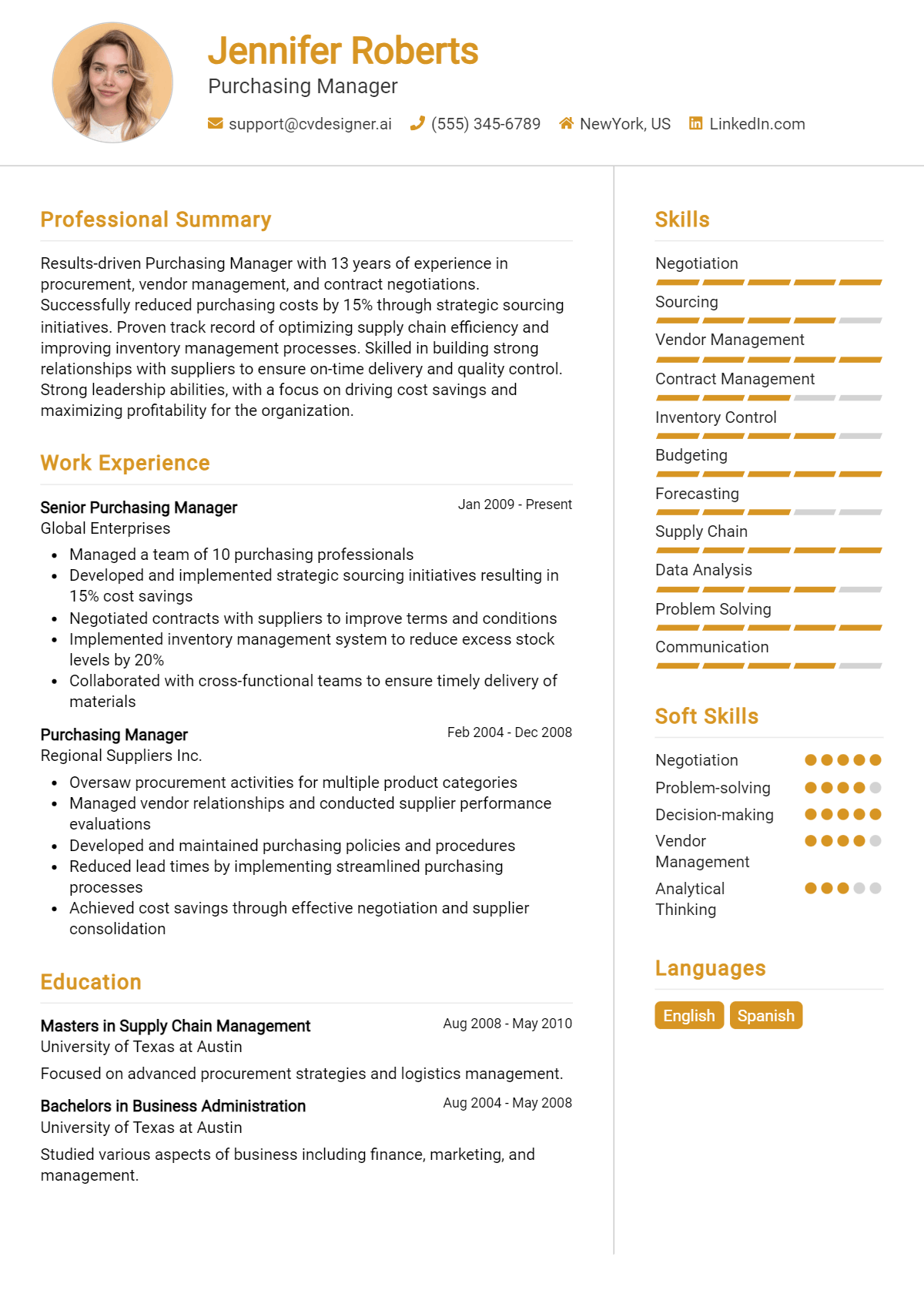 Purchasing Manager Resume Example