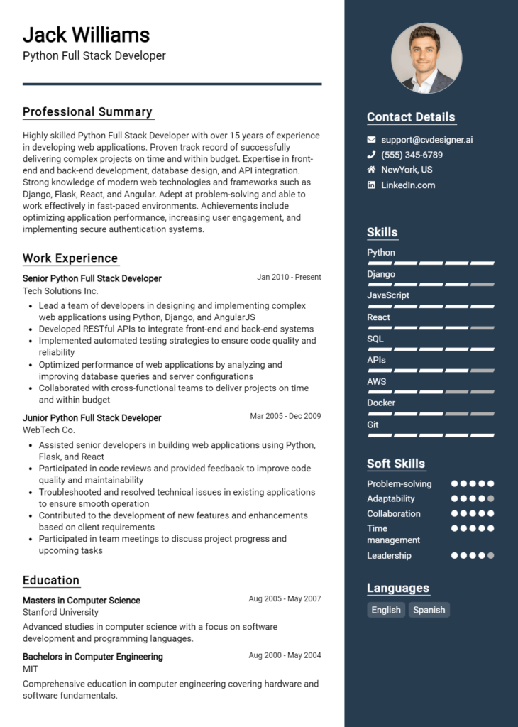 Python Full Stack Developer Resume Example