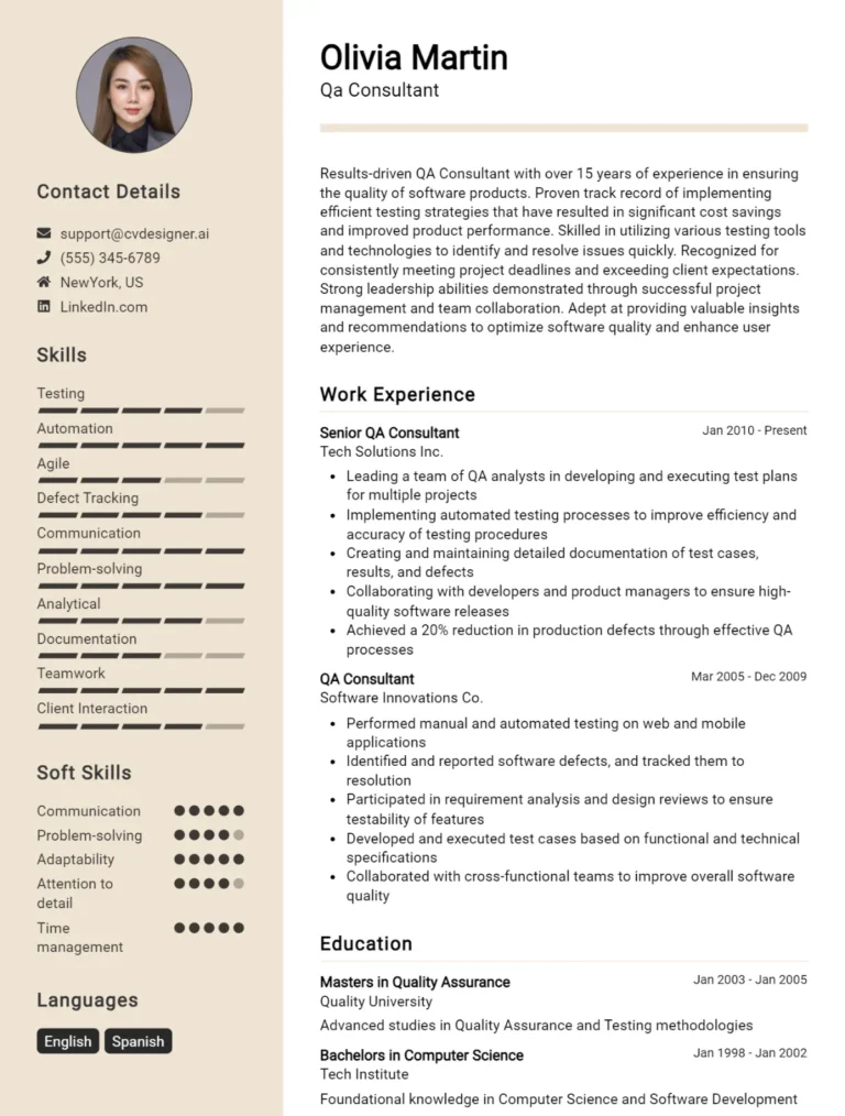 12 QA Consultant CV Examples & Free Templates for 2025