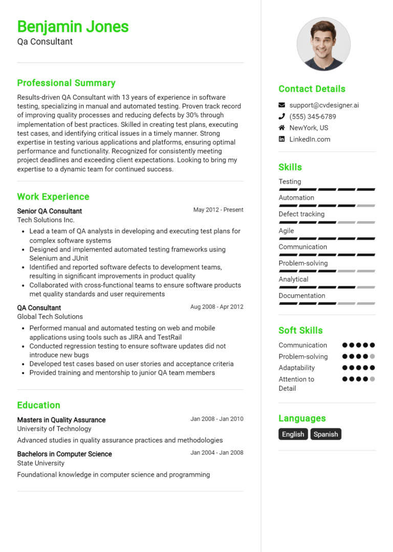 QA Consultant Resume Example for 2025: Expert Tips