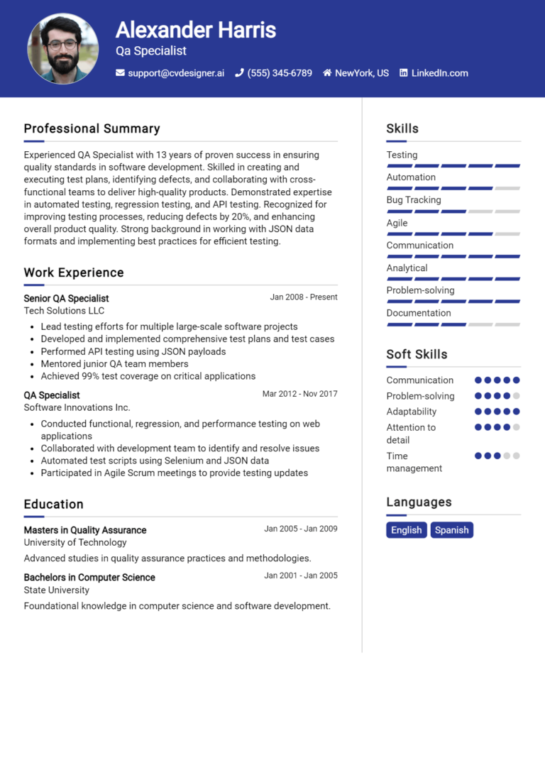 QA Specialist Resume Example for 2025: Resume Guide