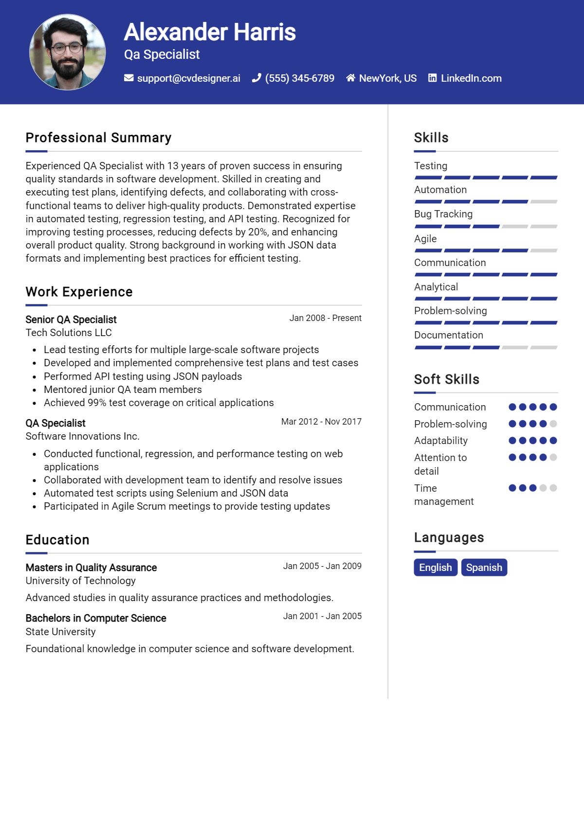 QA Specialist Resume Example for 2024: Resume Guide - CVDesigner.ai