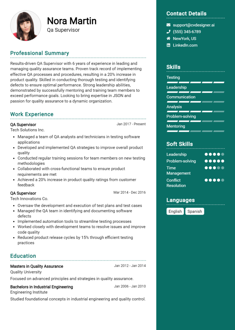QA Supervisor Resume Example for 2025: Best Writing Guide