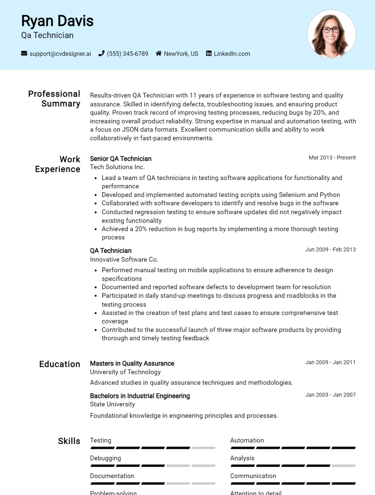 Qa Technician CV Example