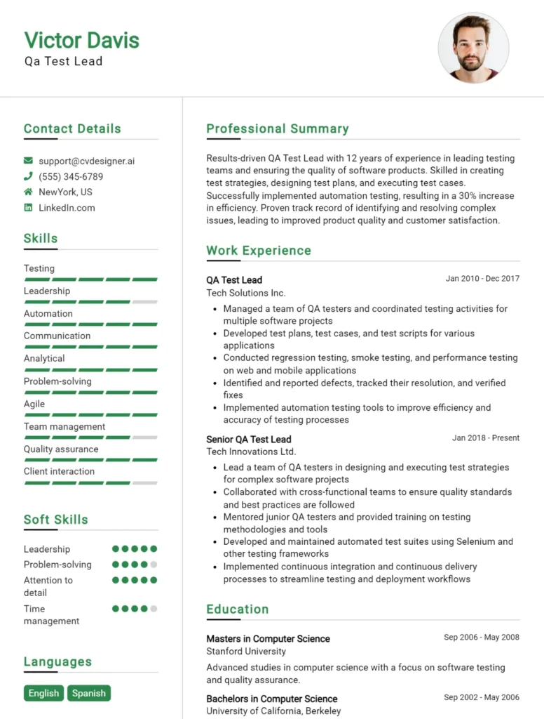 Qa Test Lead CV Example