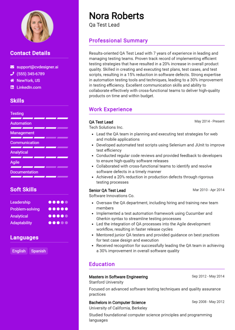 QA Test Lead Resume Example for 2025: Expert Tips