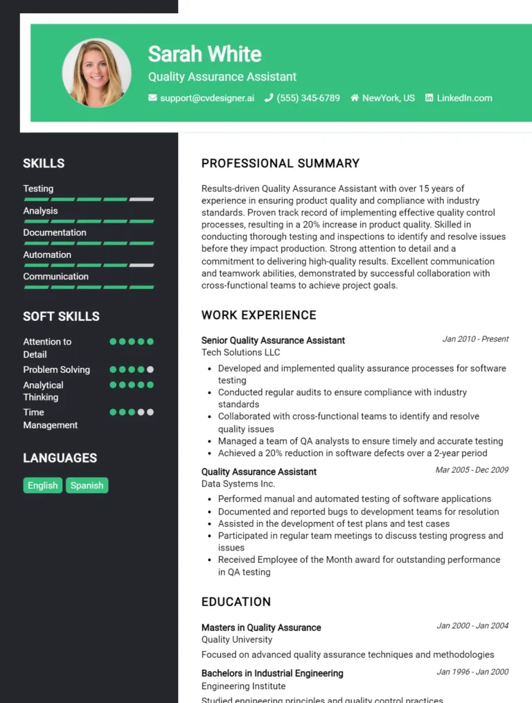 Quality Assurance Assistant CV Example For 2025: Top CV Skills