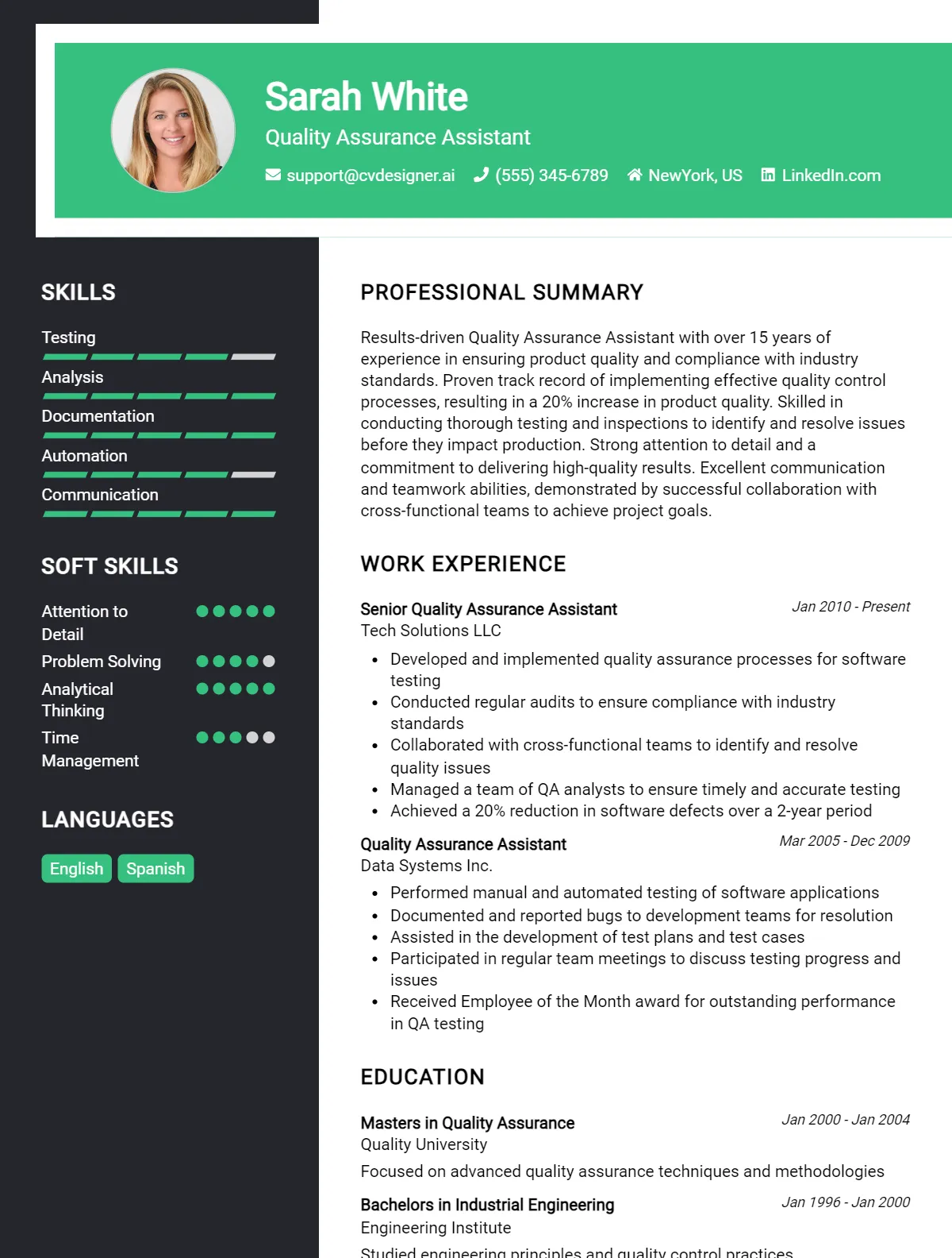 Quality Assurance Assistant CV Example
