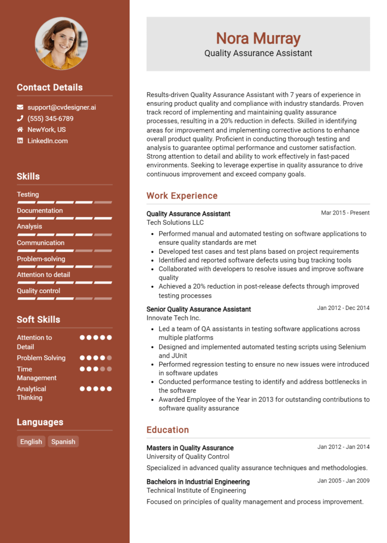 Quality Assurance Assistant Resume Example for 2025: Tips to Stand Out