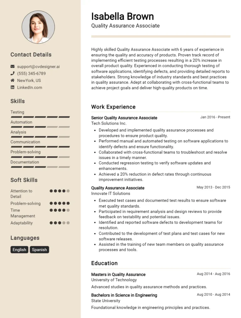 Quality Assurance Associate CV Example For 2025: Professional CV Templates