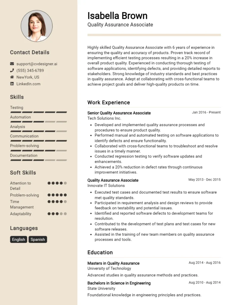 Quality Assurance Associate CV Example