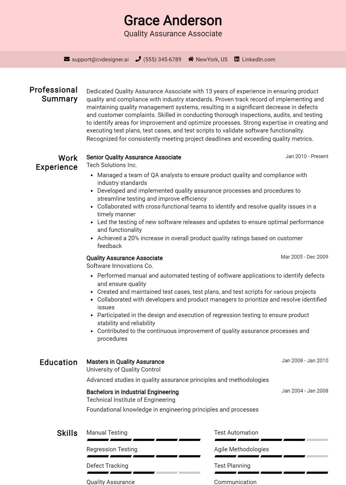 Quality Assurance Associate Resume Example