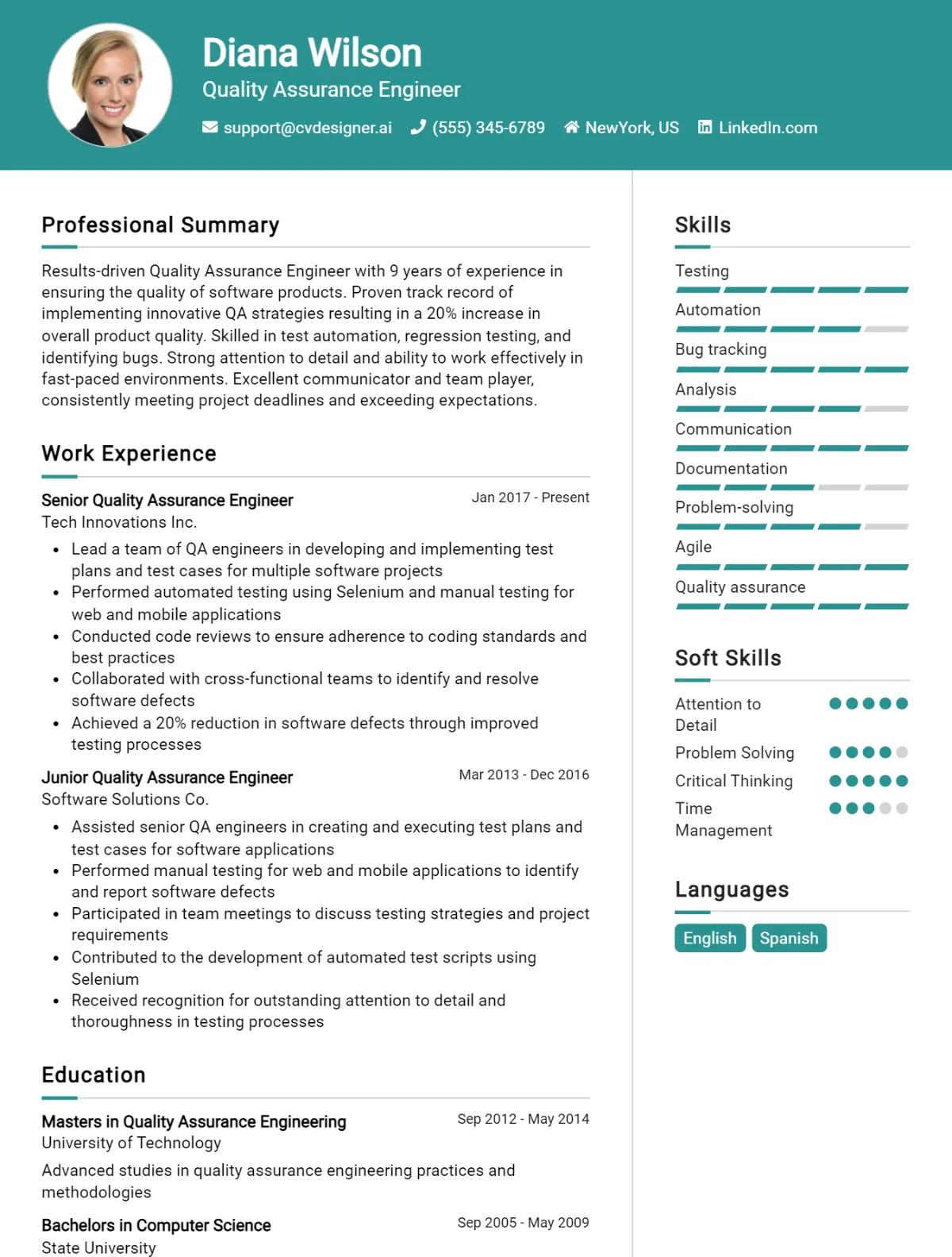 Quality Assurance Engineer CV Example