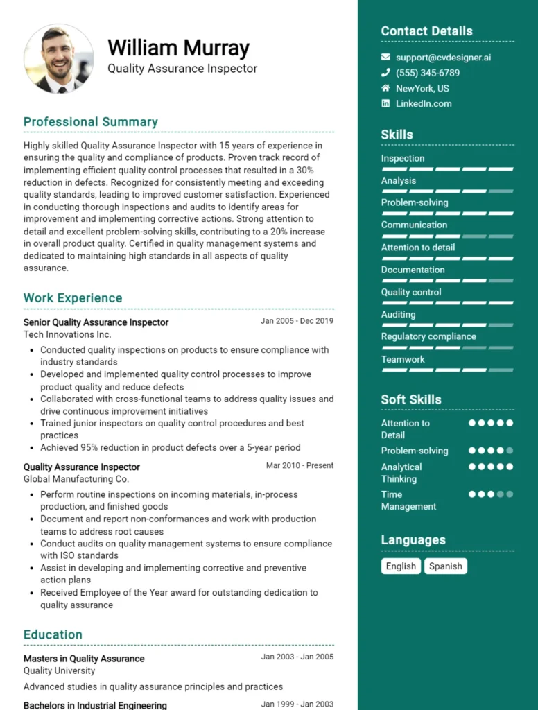 Quality Assurance Inspector CV Example