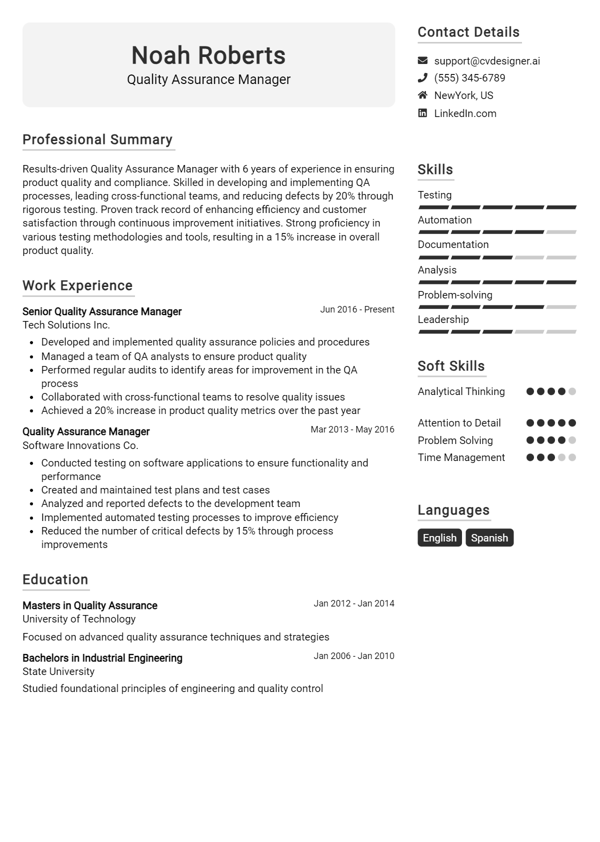 Quality Assurance Manager Resume Example