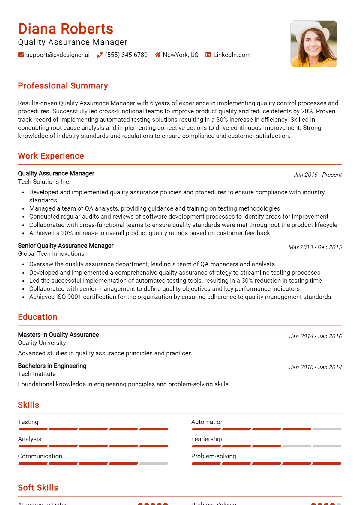 Quality Assurance Manager Resume Example