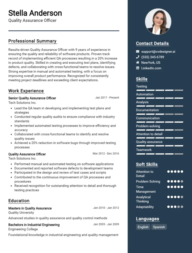 Quality Assurance Officer CV Example For 2025: Professional CV Templates