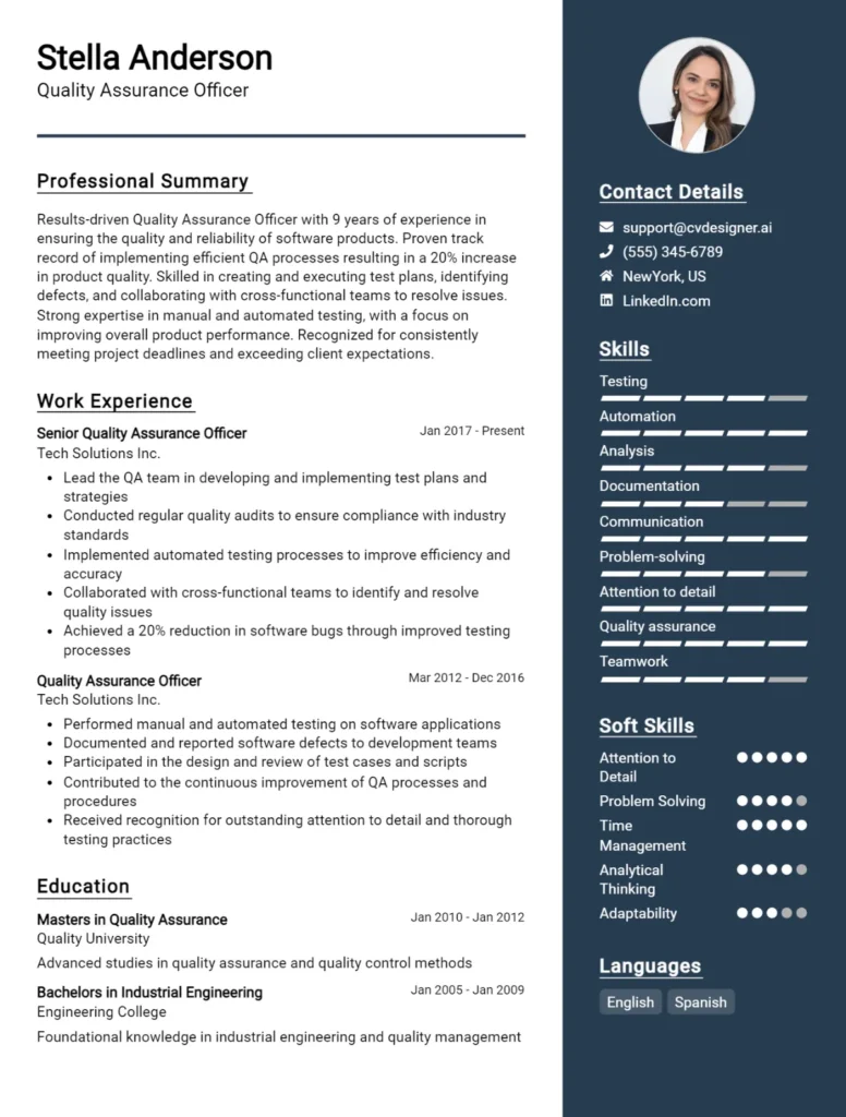 Quality Assurance Officer CV Example