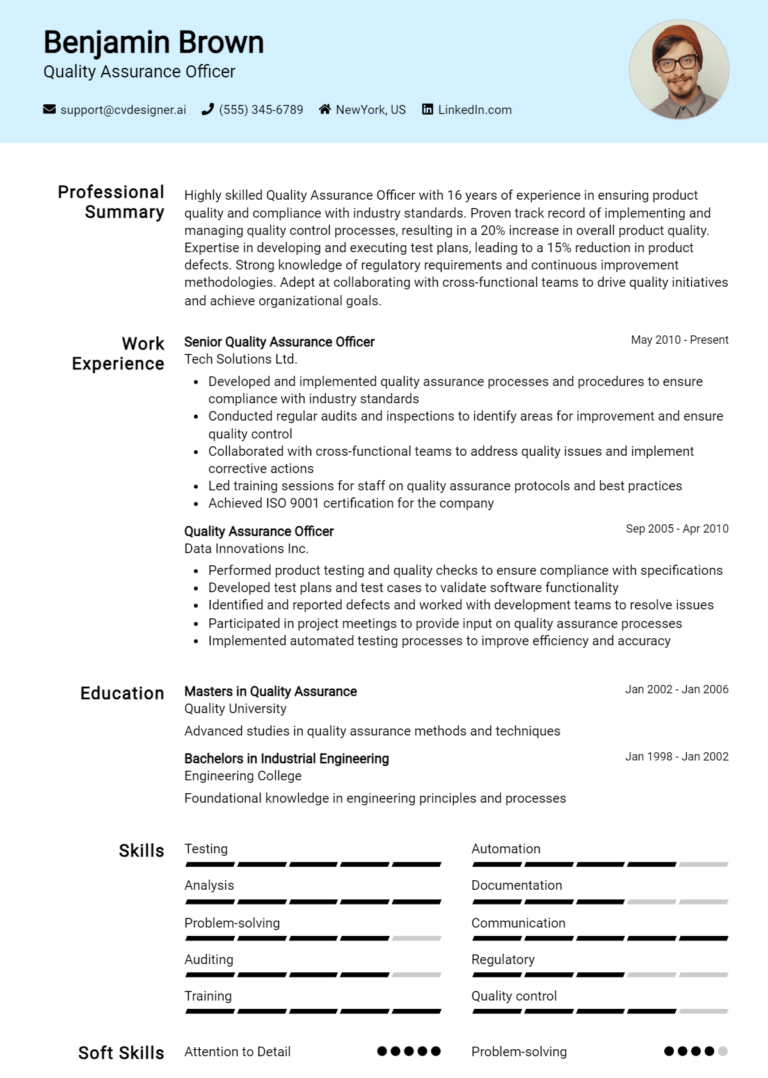 Quality Assurance Officer Resume Example for 2025: Free Downloadable Templates