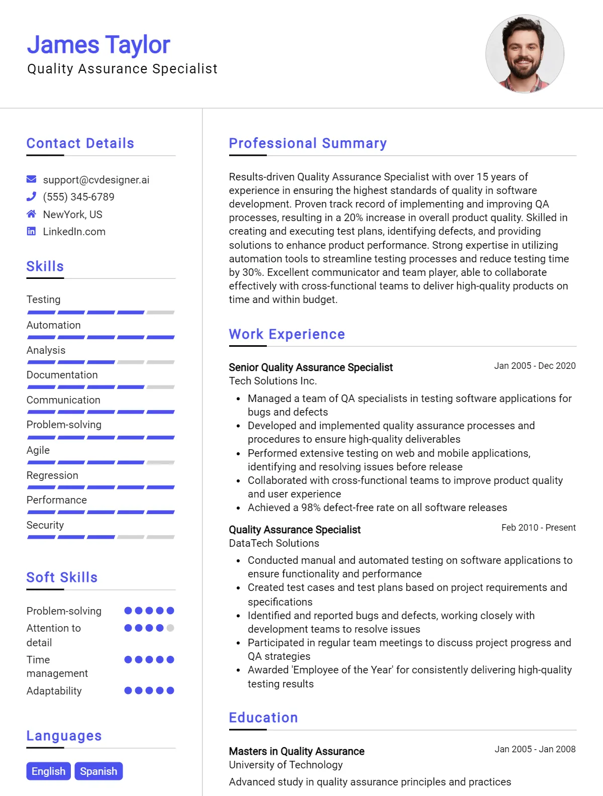 Quality Assurance Specialist CV Example