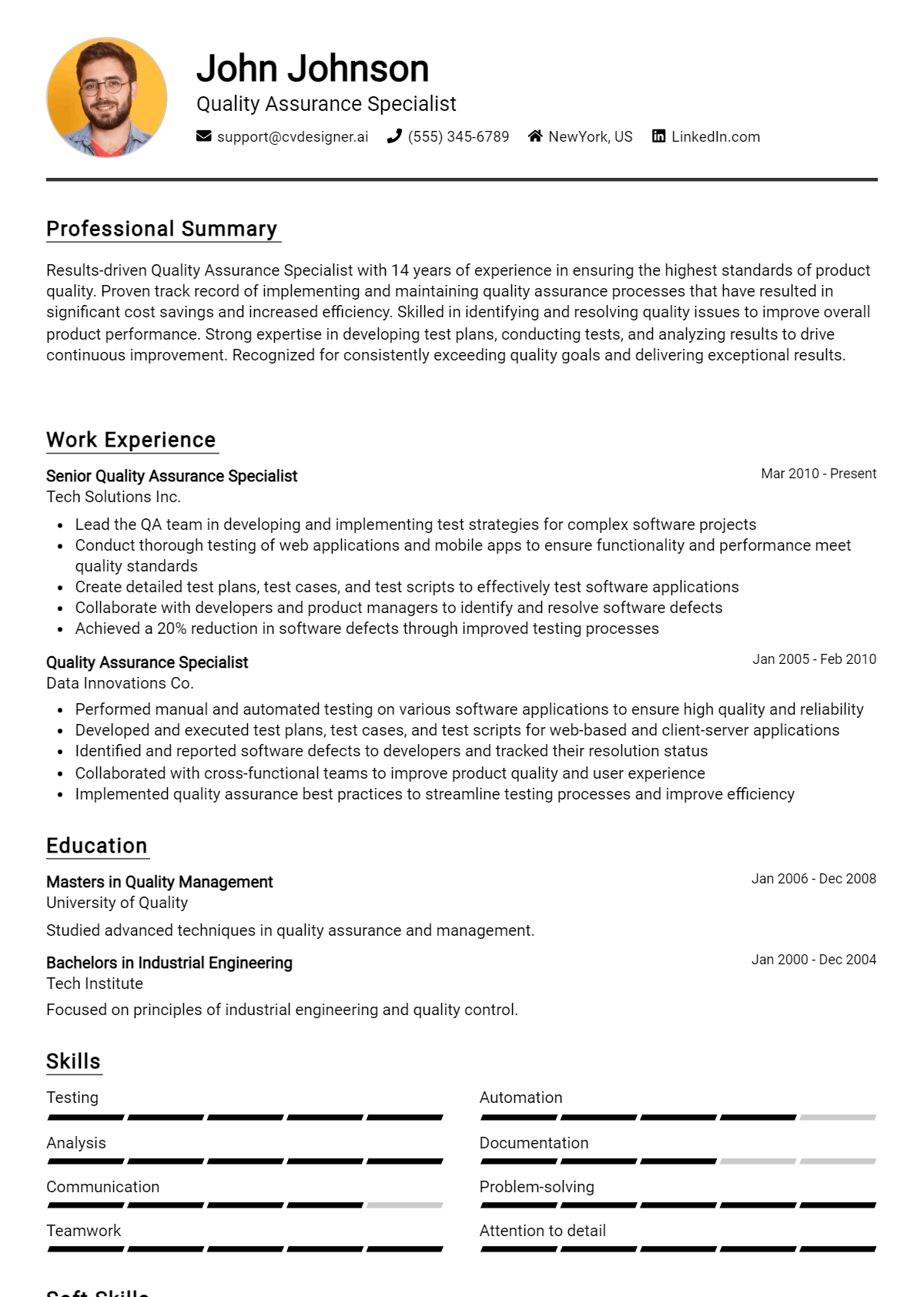 Quality Assurance Specialist Resume Example