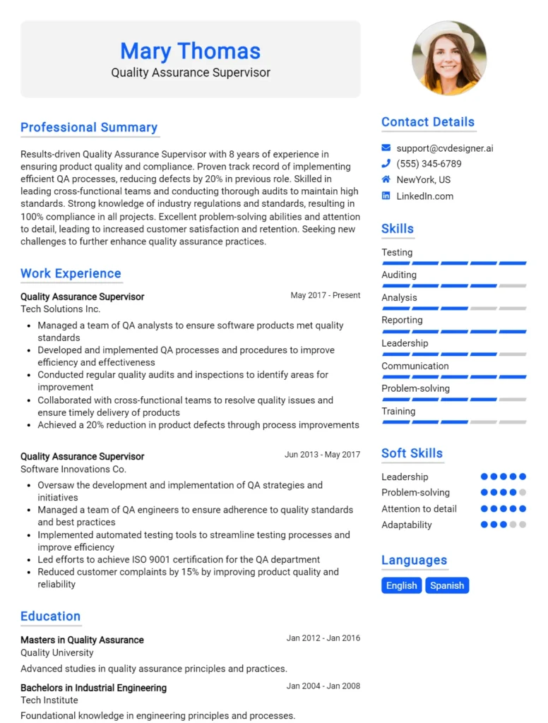 Quality Assurance Supervisor CV Example