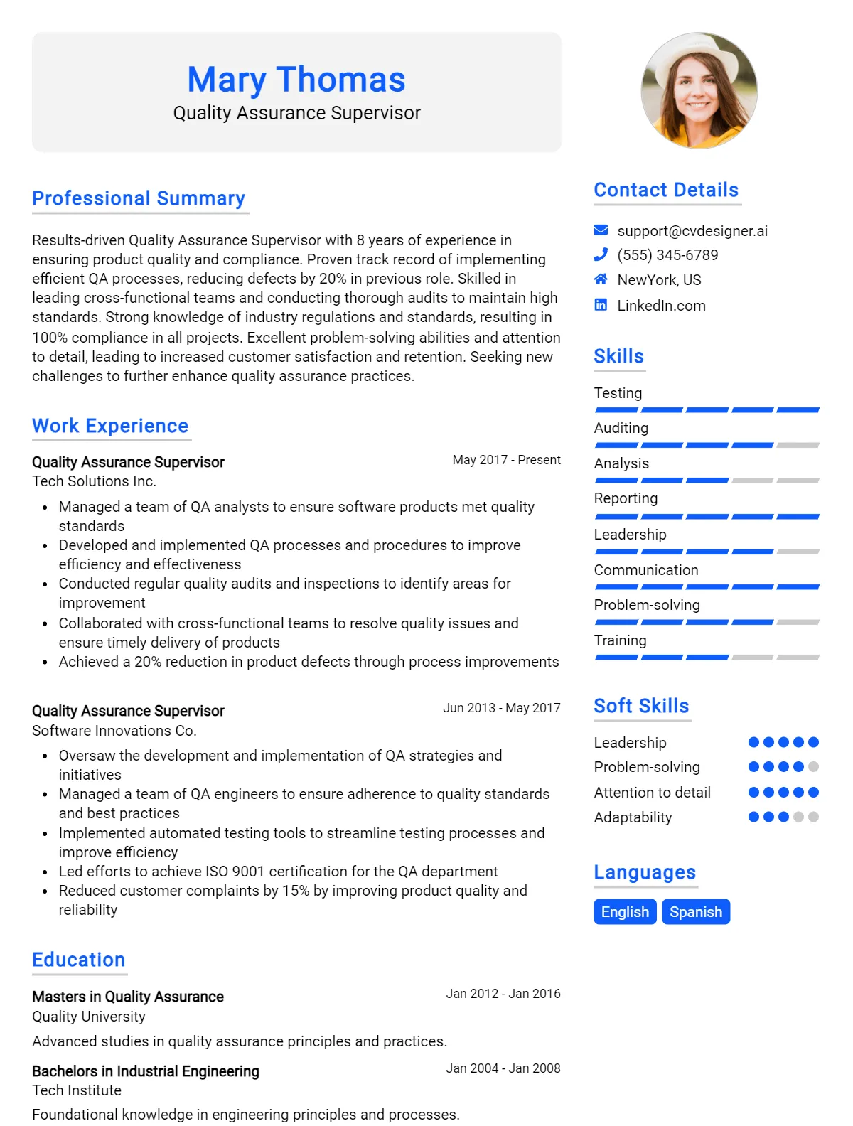 Quality Assurance Supervisor CV Example