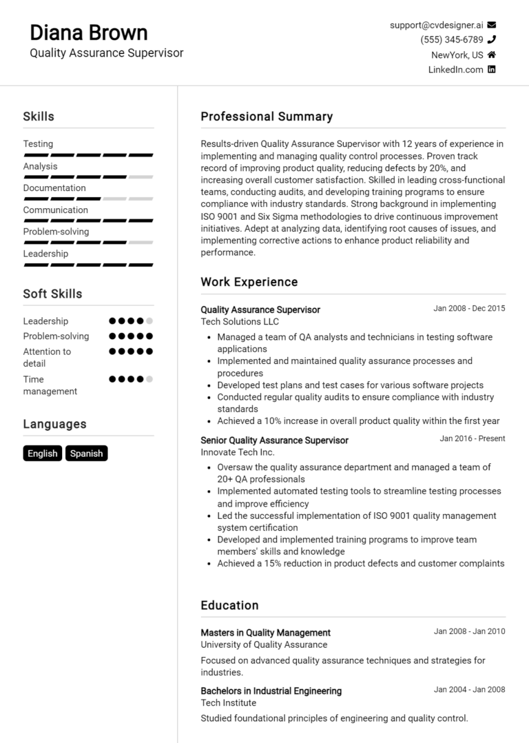 Quality Assurance Supervisor Resume Example for 2025: How to Craft a Winning CV