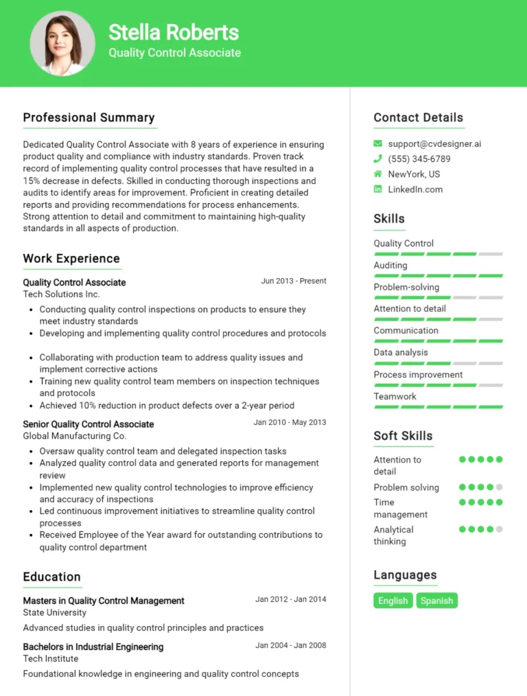 Quality Control Associate CV Example For 2025: Free Professional Templates