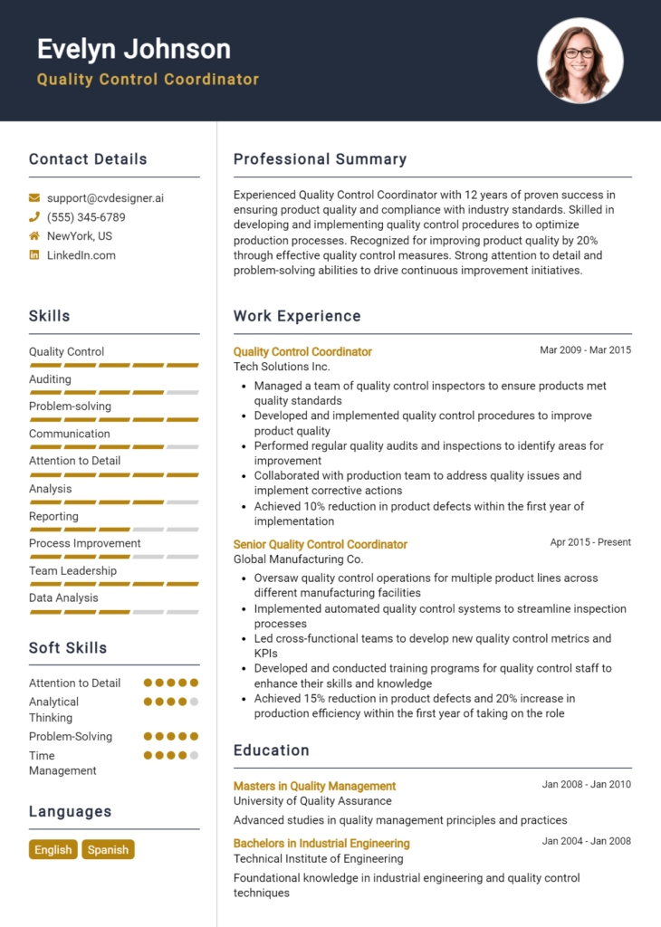 Quality Control Coordinator Resume Example