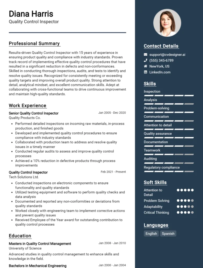 Quality Control Inspector CV Example