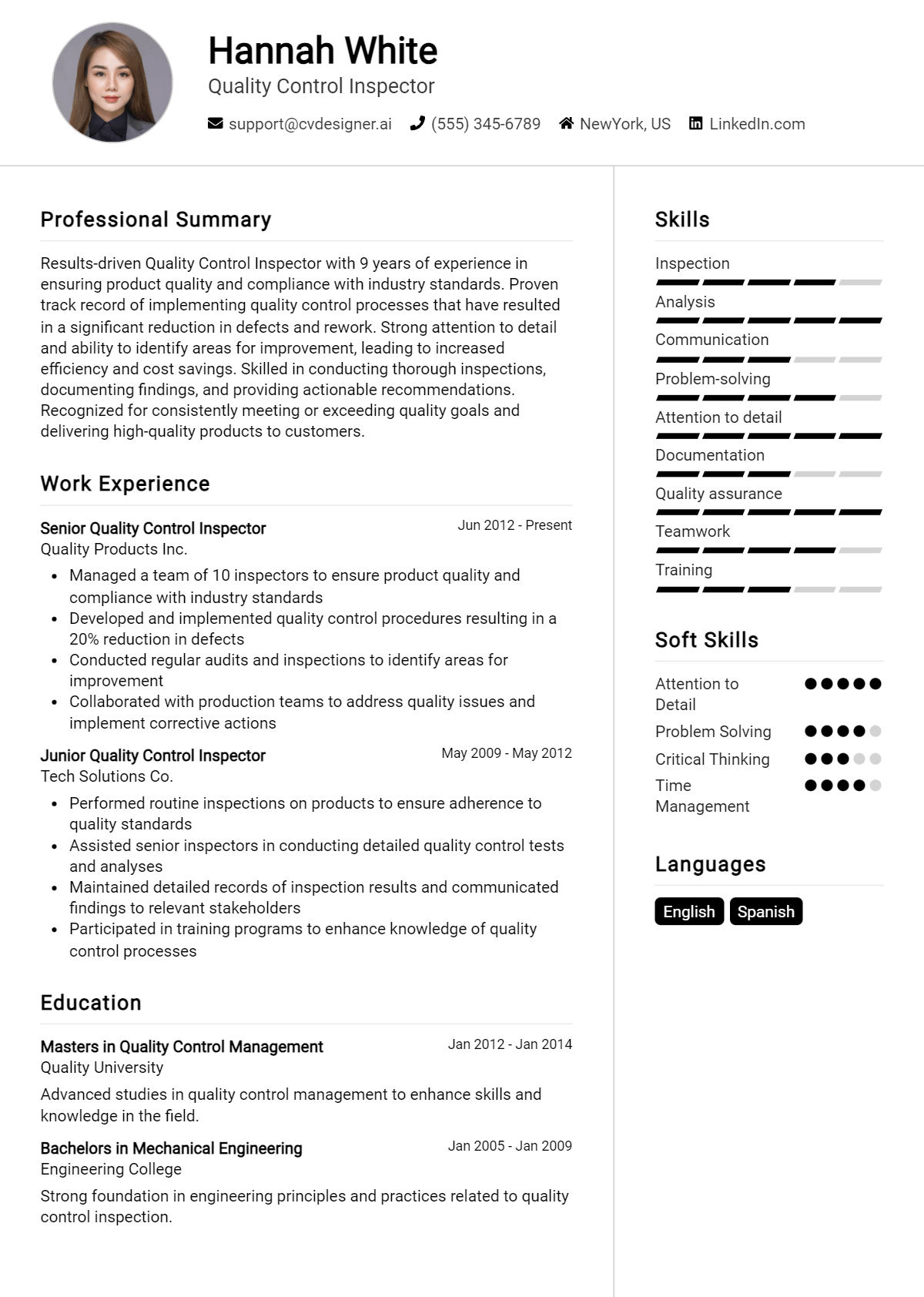 Quality Control Inspector Resume Example
