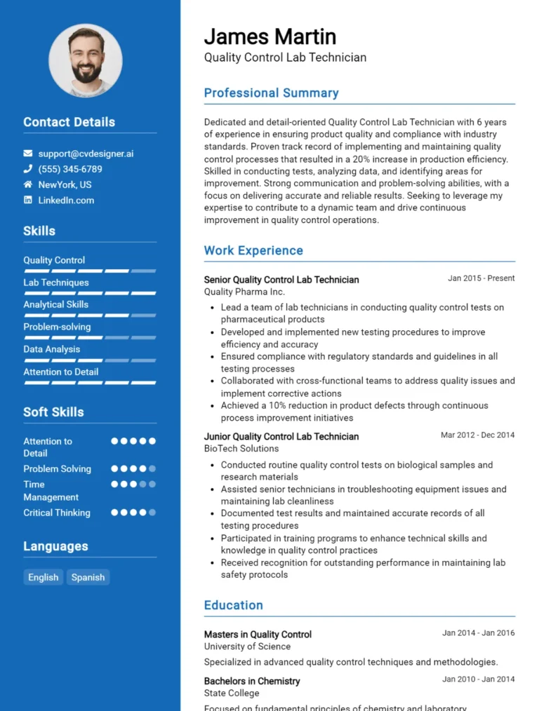 Quality Control Lab Technician CV Example For 2025: Top Tips & Samples