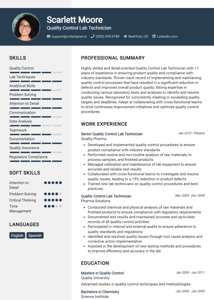 Quality Control Lab Technician Resume Example