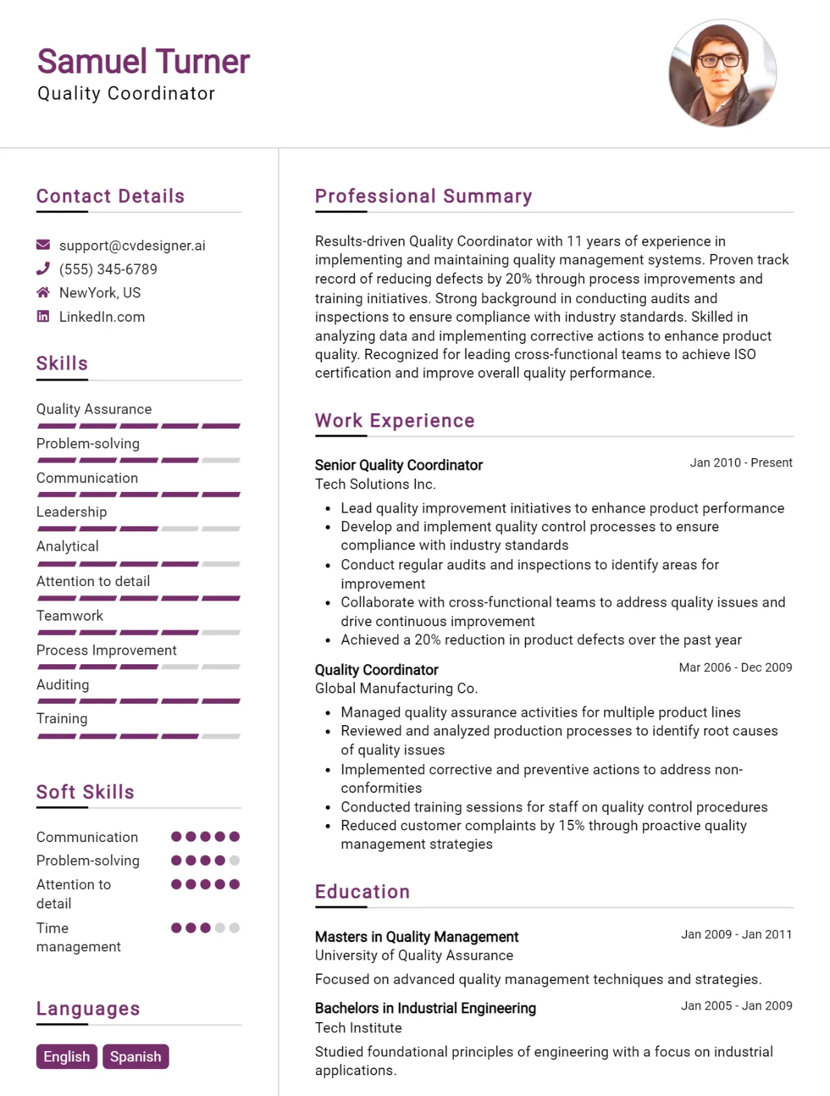 Quality Coordinator CV Example