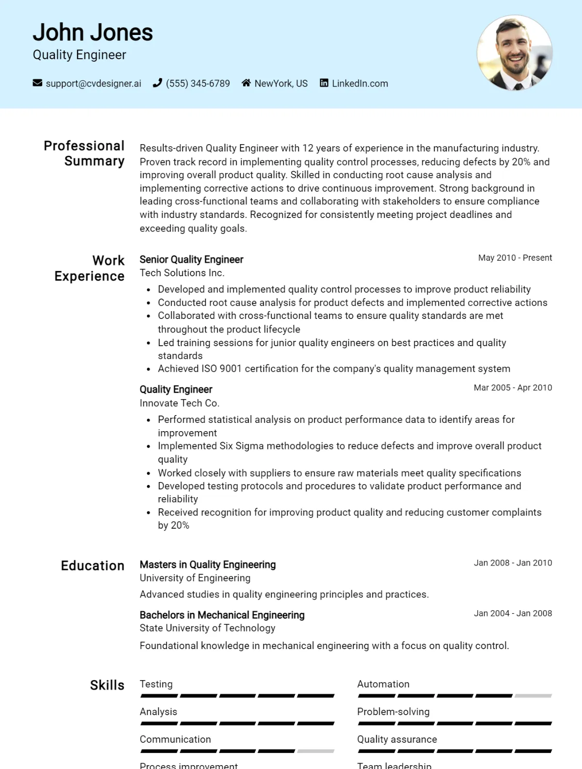 Quality Engineer CV Example