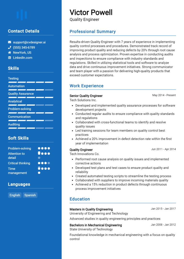 Quality Engineer Resume Example for 2025: How to Create a Professional CV